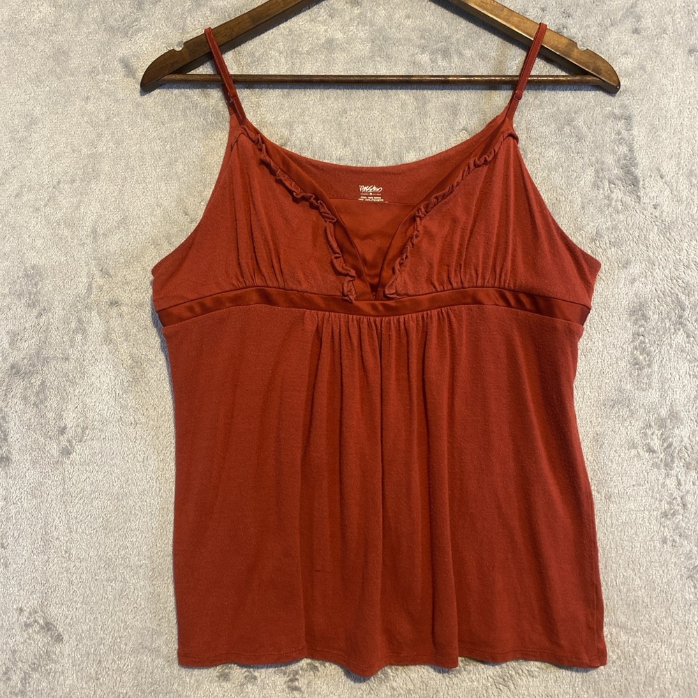 Y2K Babydoll Tank Top Juniors Sz L Paprika Ruffle Satin‎ Grunge Boho Hippie